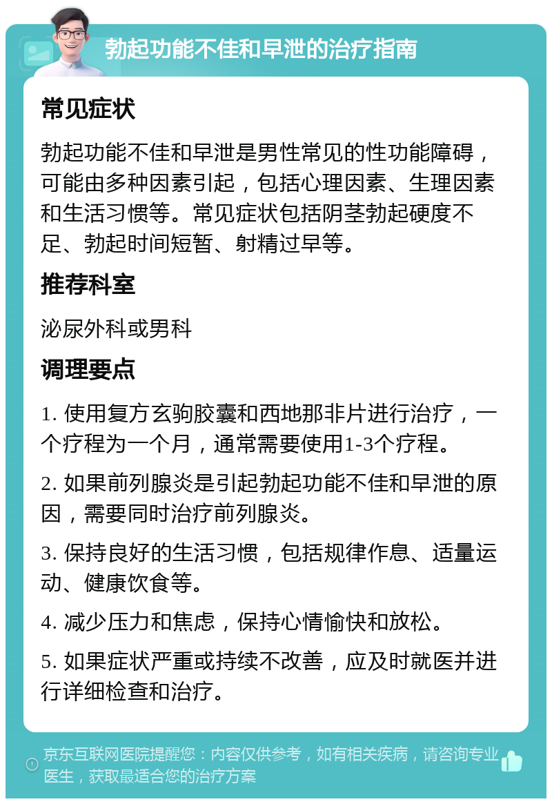 勃起功能不佳和早泄的治疗指南 常见症状 勃起功能不佳和早泄是男性常见的性功能障碍，可能由多种因素引起，包括心理因素、生理因素和生活习惯等。常见症状包括阴茎勃起硬度不足、勃起时间短暂、射精过早等。 推荐科室 泌尿外科或男科 调理要点 1. 使用复方玄驹胶囊和西地那非片进行治疗，一个疗程为一个月，通常需要使用1-3个疗程。 2. 如果前列腺炎是引起勃起功能不佳和早泄的原因，需要同时治疗前列腺炎。 3. 保持良好的生活习惯，包括规律作息、适量运动、健康饮食等。 4. 减少压力和焦虑，保持心情愉快和放松。 5. 如果症状严重或持续不改善，应及时就医并进行详细检查和治疗。