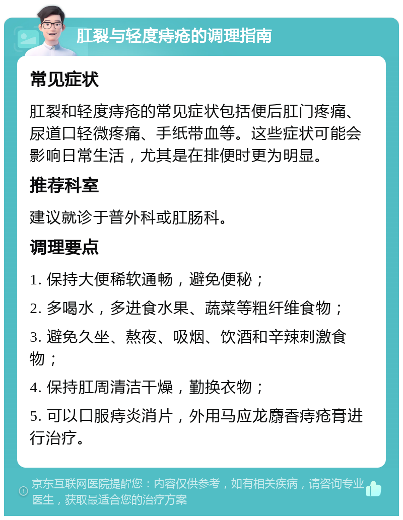 肛裂与轻度痔疮的调理指南 常见症状 肛裂和轻度痔疮的常见症状包括便后肛门疼痛、尿道口轻微疼痛、手纸带血等。这些症状可能会影响日常生活，尤其是在排便时更为明显。 推荐科室 建议就诊于普外科或肛肠科。 调理要点 1. 保持大便稀软通畅，避免便秘； 2. 多喝水，多进食水果、蔬菜等粗纤维食物； 3. 避免久坐、熬夜、吸烟、饮酒和辛辣刺激食物； 4. 保持肛周清洁干燥，勤换衣物； 5. 可以口服痔炎消片，外用马应龙麝香痔疮膏进行治疗。