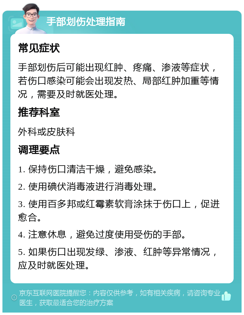 手部划伤处理指南 常见症状 手部划伤后可能出现红肿、疼痛、渗液等症状，若伤口感染可能会出现发热、局部红肿加重等情况，需要及时就医处理。 推荐科室 外科或皮肤科 调理要点 1. 保持伤口清洁干燥，避免感染。 2. 使用碘伏消毒液进行消毒处理。 3. 使用百多邦或红霉素软膏涂抹于伤口上，促进愈合。 4. 注意休息，避免过度使用受伤的手部。 5. 如果伤口出现发绿、渗液、红肿等异常情况，应及时就医处理。