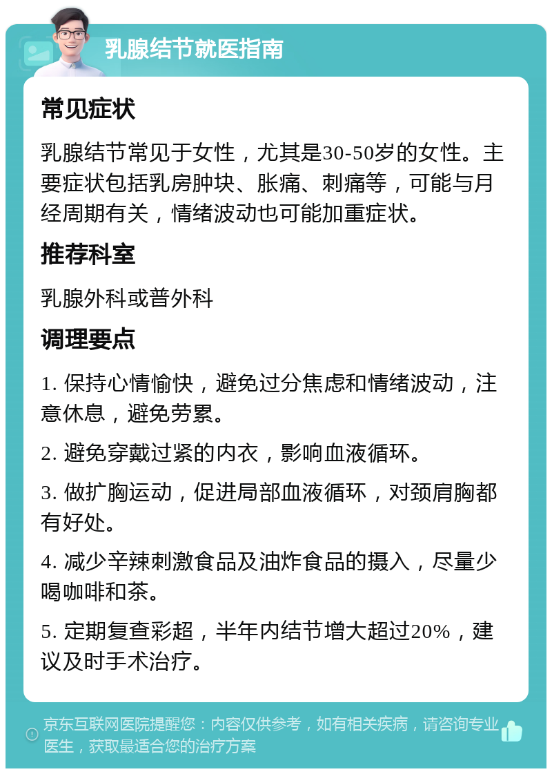 乳腺结节就医指南 常见症状 乳腺结节常见于女性，尤其是30-50岁的女性。主要症状包括乳房肿块、胀痛、刺痛等，可能与月经周期有关，情绪波动也可能加重症状。 推荐科室 乳腺外科或普外科 调理要点 1. 保持心情愉快，避免过分焦虑和情绪波动，注意休息，避免劳累。 2. 避免穿戴过紧的内衣，影响血液循环。 3. 做扩胸运动，促进局部血液循环，对颈肩胸都有好处。 4. 减少辛辣刺激食品及油炸食品的摄入，尽量少喝咖啡和茶。 5. 定期复查彩超，半年内结节增大超过20%，建议及时手术治疗。