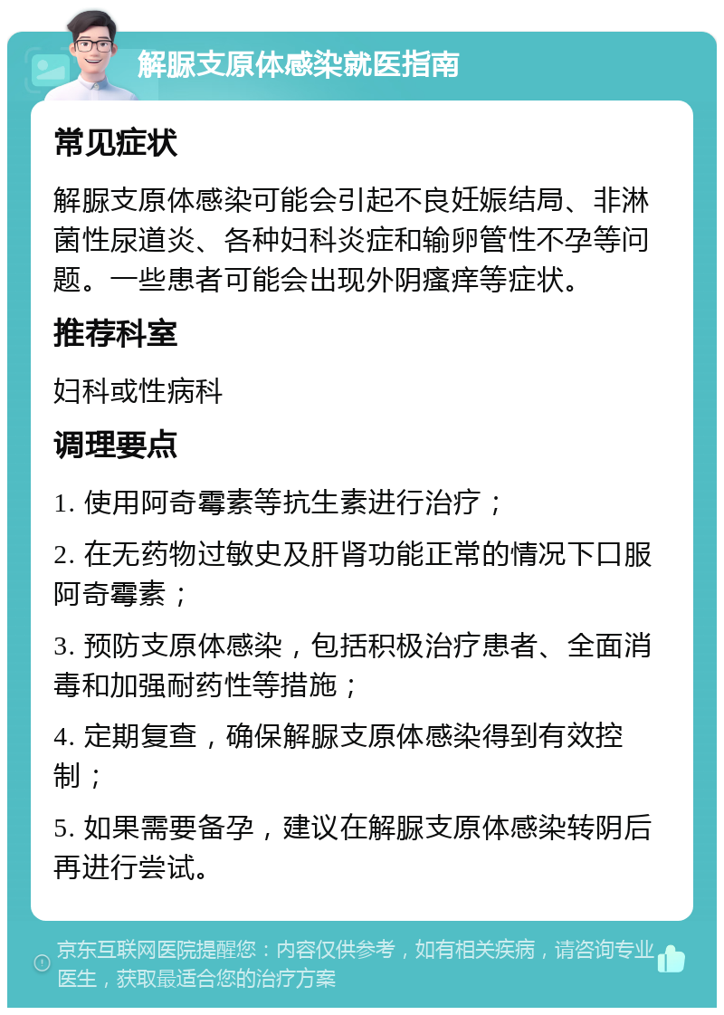 解脲支原体感染就医指南 常见症状 解脲支原体感染可能会引起不良妊娠结局、非淋菌性尿道炎、各种妇科炎症和输卵管性不孕等问题。一些患者可能会出现外阴瘙痒等症状。 推荐科室 妇科或性病科 调理要点 1. 使用阿奇霉素等抗生素进行治疗； 2. 在无药物过敏史及肝肾功能正常的情况下口服阿奇霉素； 3. 预防支原体感染，包括积极治疗患者、全面消毒和加强耐药性等措施； 4. 定期复查，确保解脲支原体感染得到有效控制； 5. 如果需要备孕，建议在解脲支原体感染转阴后再进行尝试。