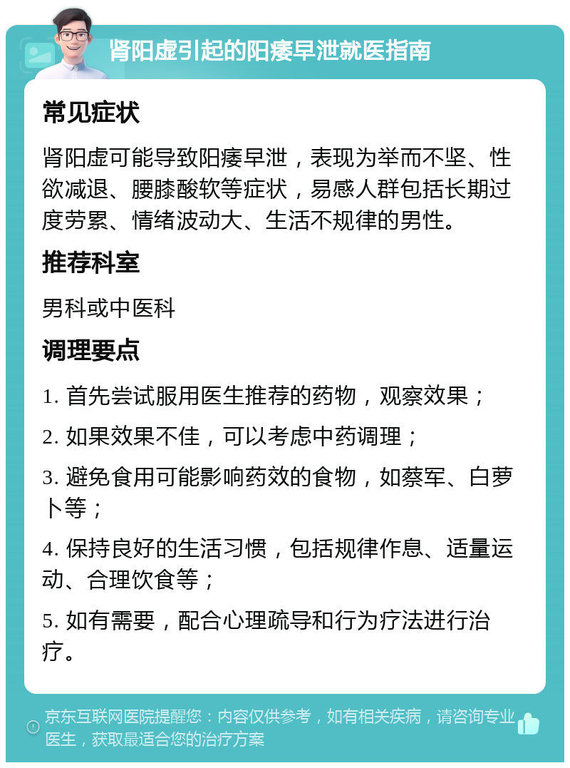 肾阳虚引起的阳痿早泄就医指南 常见症状 肾阳虚可能导致阳痿早泄，表现为举而不坚、性欲减退、腰膝酸软等症状，易感人群包括长期过度劳累、情绪波动大、生活不规律的男性。 推荐科室 男科或中医科 调理要点 1. 首先尝试服用医生推荐的药物，观察效果； 2. 如果效果不佳，可以考虑中药调理； 3. 避免食用可能影响药效的食物，如蔡军、白萝卜等； 4. 保持良好的生活习惯，包括规律作息、适量运动、合理饮食等； 5. 如有需要，配合心理疏导和行为疗法进行治疗。