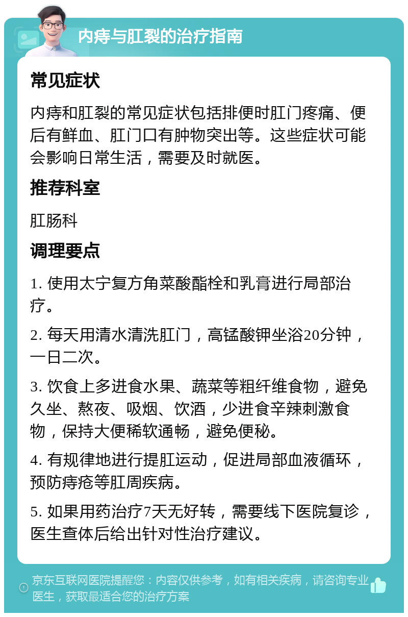 内痔与肛裂的治疗指南 常见症状 内痔和肛裂的常见症状包括排便时肛门疼痛、便后有鲜血、肛门口有肿物突出等。这些症状可能会影响日常生活，需要及时就医。 推荐科室 肛肠科 调理要点 1. 使用太宁复方角菜酸酯栓和乳膏进行局部治疗。 2. 每天用清水清洗肛门，高锰酸钾坐浴20分钟，一日二次。 3. 饮食上多进食水果、蔬菜等粗纤维食物，避免久坐、熬夜、吸烟、饮酒，少进食辛辣刺激食物，保持大便稀软通畅，避免便秘。 4. 有规律地进行提肛运动，促进局部血液循环，预防痔疮等肛周疾病。 5. 如果用药治疗7天无好转，需要线下医院复诊，医生查体后给出针对性治疗建议。