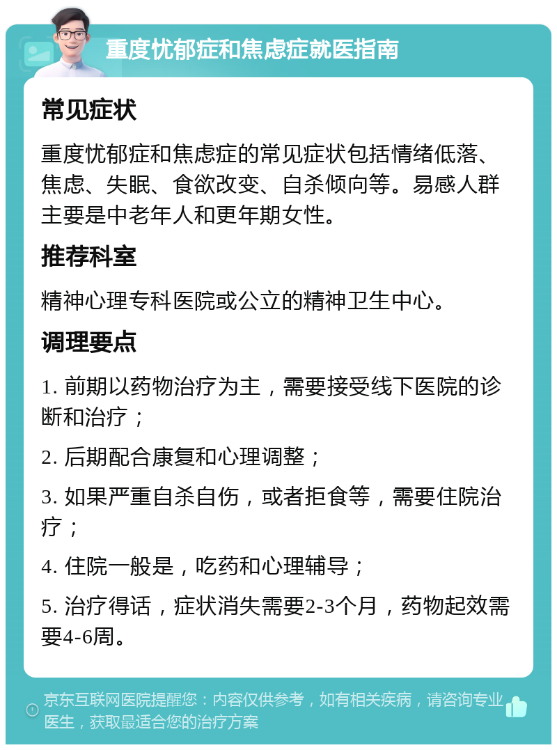 重度忧郁症和焦虑症就医指南 常见症状 重度忧郁症和焦虑症的常见症状包括情绪低落、焦虑、失眠、食欲改变、自杀倾向等。易感人群主要是中老年人和更年期女性。 推荐科室 精神心理专科医院或公立的精神卫生中心。 调理要点 1. 前期以药物治疗为主，需要接受线下医院的诊断和治疗； 2. 后期配合康复和心理调整； 3. 如果严重自杀自伤，或者拒食等，需要住院治疗； 4. 住院一般是，吃药和心理辅导； 5. 治疗得话，症状消失需要2-3个月，药物起效需要4-6周。