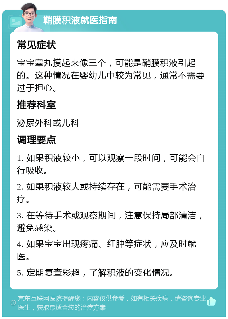 鞘膜积液就医指南 常见症状 宝宝睾丸摸起来像三个，可能是鞘膜积液引起的。这种情况在婴幼儿中较为常见，通常不需要过于担心。 推荐科室 泌尿外科或儿科 调理要点 1. 如果积液较小，可以观察一段时间，可能会自行吸收。 2. 如果积液较大或持续存在，可能需要手术治疗。 3. 在等待手术或观察期间，注意保持局部清洁，避免感染。 4. 如果宝宝出现疼痛、红肿等症状，应及时就医。 5. 定期复查彩超，了解积液的变化情况。