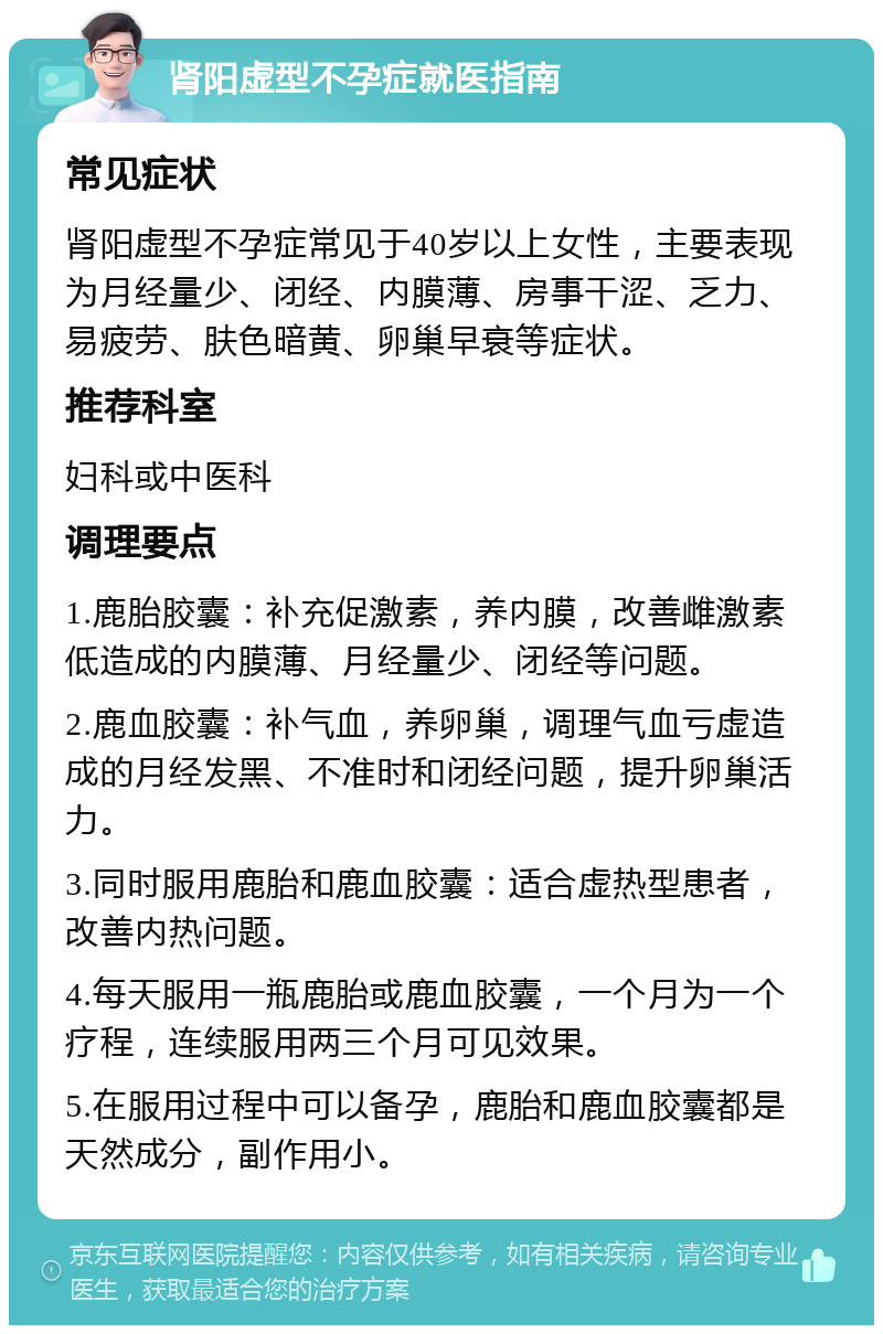 肾阳虚型不孕症就医指南 常见症状 肾阳虚型不孕症常见于40岁以上女性，主要表现为月经量少、闭经、内膜薄、房事干涩、乏力、易疲劳、肤色暗黄、卵巢早衰等症状。 推荐科室 妇科或中医科 调理要点 1.鹿胎胶囊：补充促激素，养内膜，改善雌激素低造成的内膜薄、月经量少、闭经等问题。 2.鹿血胶囊：补气血，养卵巢，调理气血亏虚造成的月经发黑、不准时和闭经问题，提升卵巢活力。 3.同时服用鹿胎和鹿血胶囊：适合虚热型患者，改善内热问题。 4.每天服用一瓶鹿胎或鹿血胶囊，一个月为一个疗程，连续服用两三个月可见效果。 5.在服用过程中可以备孕，鹿胎和鹿血胶囊都是天然成分，副作用小。