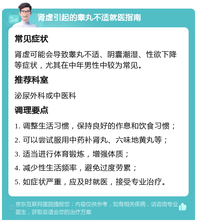 肾虚引起的睾丸不适就医指南 常见症状 肾虚可能会导致睾丸不适、阴囊潮湿、性欲下降等症状，尤其在中年男性中较为常见。 推荐科室 泌尿外科或中医科 调理要点 1. 调整生活习惯，保持良好的作息和饮食习惯； 2. 可以尝试服用中药补肾丸、六味地黄丸等； 3. 适当进行体育锻炼，增强体质； 4. 减少性生活频率，避免过度劳累； 5. 如症状严重，应及时就医，接受专业治疗。