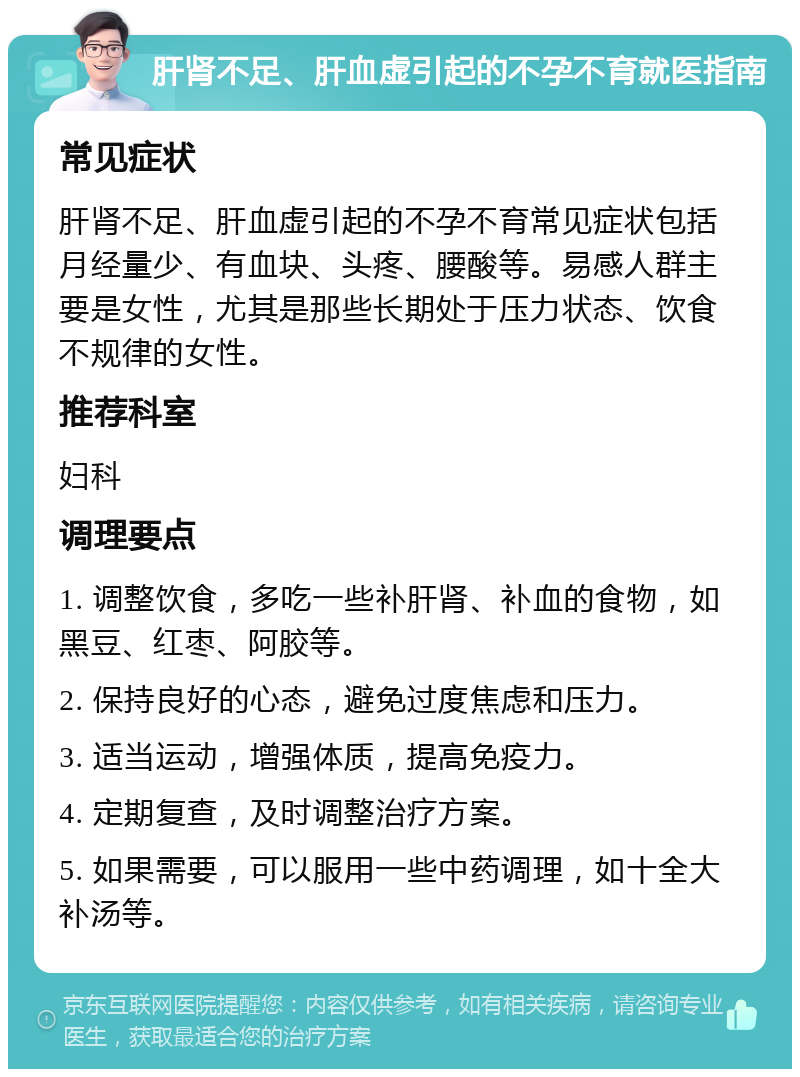 肝肾不足、肝血虚引起的不孕不育就医指南 常见症状 肝肾不足、肝血虚引起的不孕不育常见症状包括月经量少、有血块、头疼、腰酸等。易感人群主要是女性，尤其是那些长期处于压力状态、饮食不规律的女性。 推荐科室 妇科 调理要点 1. 调整饮食，多吃一些补肝肾、补血的食物，如黑豆、红枣、阿胶等。 2. 保持良好的心态，避免过度焦虑和压力。 3. 适当运动，增强体质，提高免疫力。 4. 定期复查，及时调整治疗方案。 5. 如果需要，可以服用一些中药调理，如十全大补汤等。