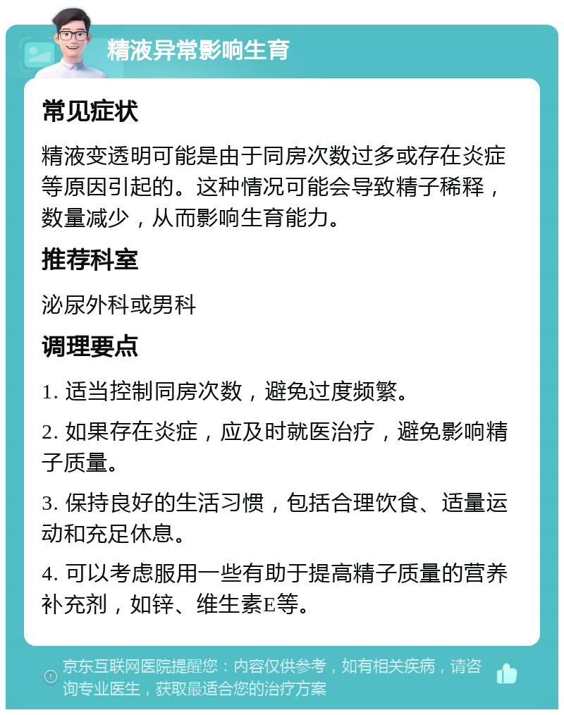 精液异常影响生育 常见症状 精液变透明可能是由于同房次数过多或存在炎症等原因引起的。这种情况可能会导致精子稀释，数量减少，从而影响生育能力。 推荐科室 泌尿外科或男科 调理要点 1. 适当控制同房次数，避免过度频繁。 2. 如果存在炎症，应及时就医治疗，避免影响精子质量。 3. 保持良好的生活习惯，包括合理饮食、适量运动和充足休息。 4. 可以考虑服用一些有助于提高精子质量的营养补充剂，如锌、维生素E等。