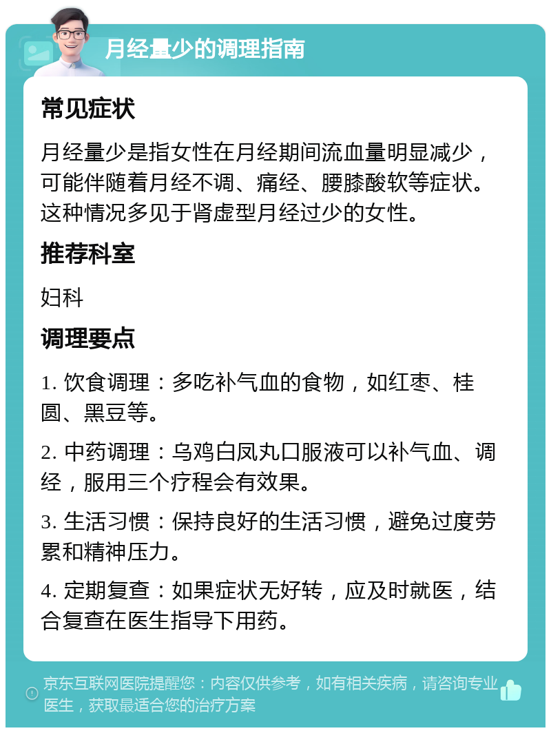 月经量少的调理指南 常见症状 月经量少是指女性在月经期间流血量明显减少，可能伴随着月经不调、痛经、腰膝酸软等症状。这种情况多见于肾虚型月经过少的女性。 推荐科室 妇科 调理要点 1. 饮食调理：多吃补气血的食物，如红枣、桂圆、黑豆等。 2. 中药调理：乌鸡白凤丸口服液可以补气血、调经，服用三个疗程会有效果。 3. 生活习惯：保持良好的生活习惯，避免过度劳累和精神压力。 4. 定期复查：如果症状无好转，应及时就医，结合复查在医生指导下用药。