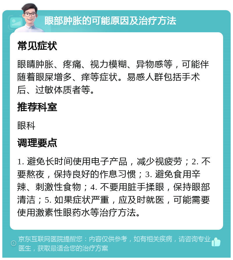 眼部肿胀的可能原因及治疗方法 常见症状 眼睛肿胀、疼痛、视力模糊、异物感等，可能伴随着眼屎增多、痒等症状。易感人群包括手术后、过敏体质者等。 推荐科室 眼科 调理要点 1. 避免长时间使用电子产品，减少视疲劳；2. 不要熬夜，保持良好的作息习惯；3. 避免食用辛辣、刺激性食物；4. 不要用脏手揉眼，保持眼部清洁；5. 如果症状严重，应及时就医，可能需要使用激素性眼药水等治疗方法。