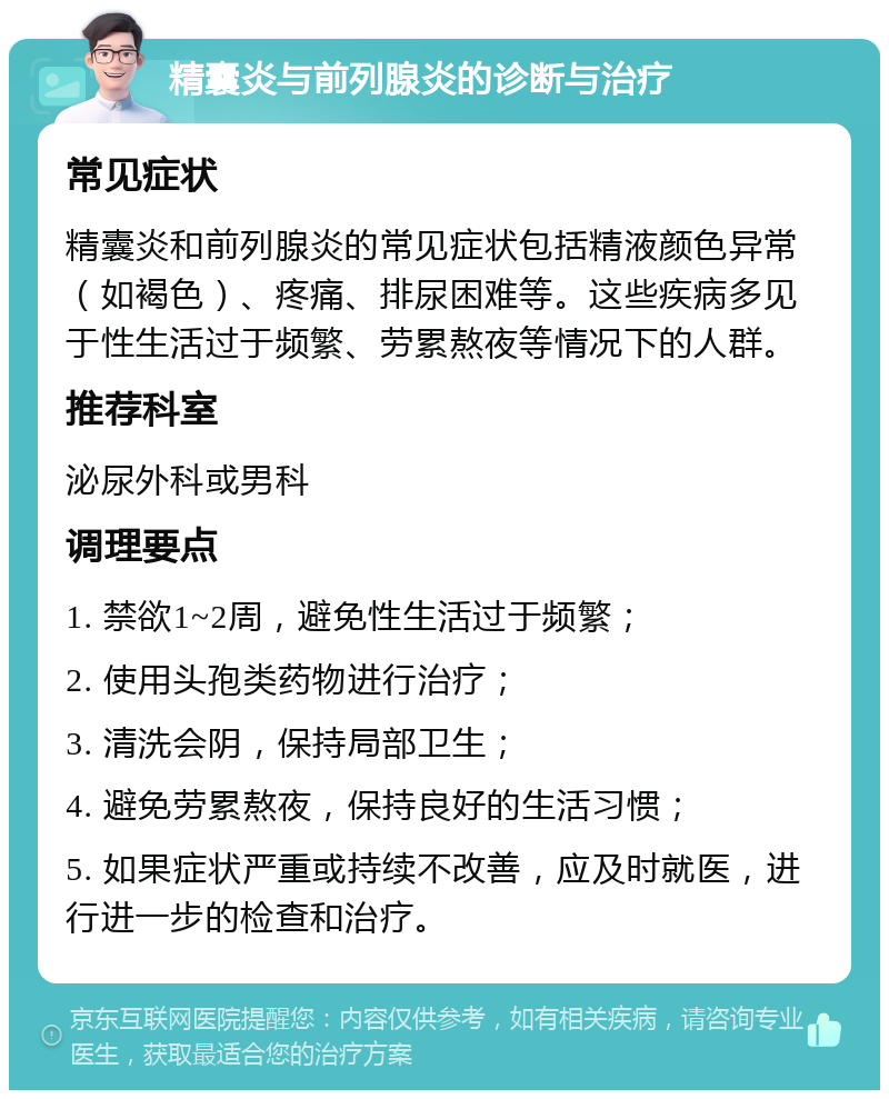 精囊炎与前列腺炎的诊断与治疗 常见症状 精囊炎和前列腺炎的常见症状包括精液颜色异常（如褐色）、疼痛、排尿困难等。这些疾病多见于性生活过于频繁、劳累熬夜等情况下的人群。 推荐科室 泌尿外科或男科 调理要点 1. 禁欲1~2周，避免性生活过于频繁； 2. 使用头孢类药物进行治疗； 3. 清洗会阴，保持局部卫生； 4. 避免劳累熬夜，保持良好的生活习惯； 5. 如果症状严重或持续不改善，应及时就医，进行进一步的检查和治疗。