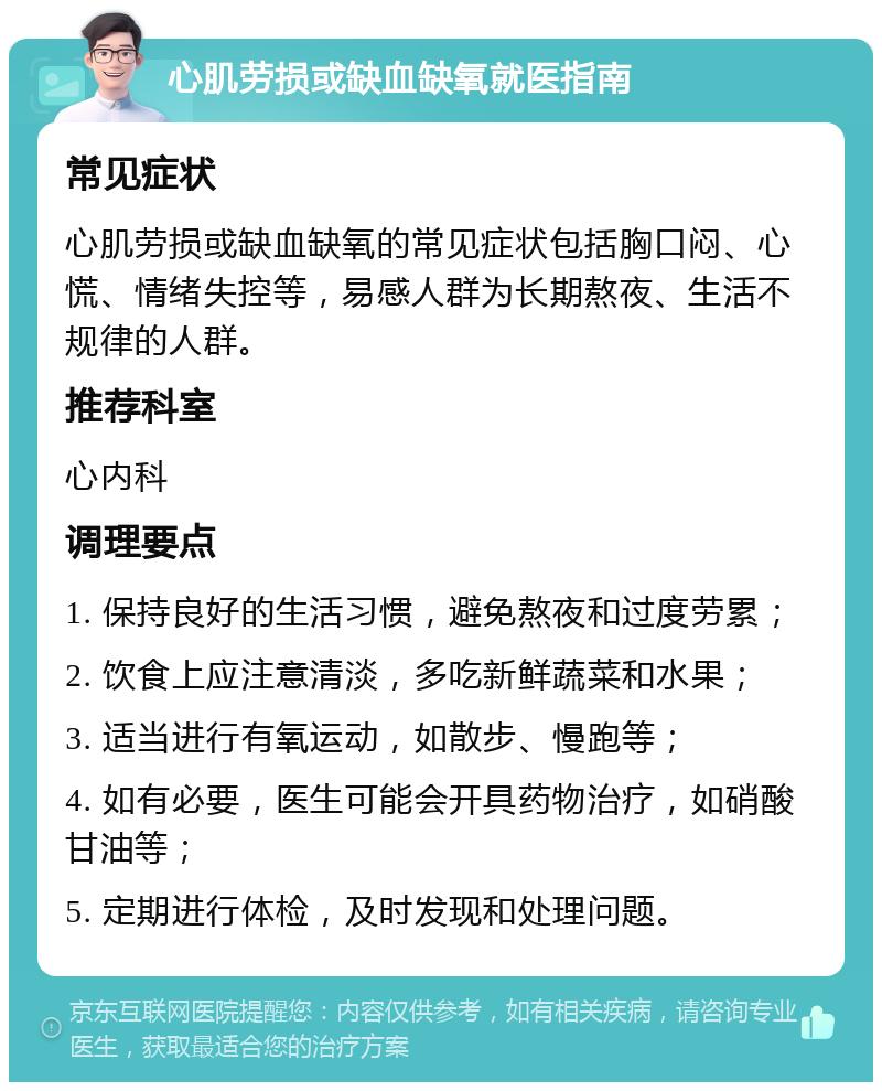 心肌劳损或缺血缺氧就医指南 常见症状 心肌劳损或缺血缺氧的常见症状包括胸口闷、心慌、情绪失控等，易感人群为长期熬夜、生活不规律的人群。 推荐科室 心内科 调理要点 1. 保持良好的生活习惯，避免熬夜和过度劳累； 2. 饮食上应注意清淡，多吃新鲜蔬菜和水果； 3. 适当进行有氧运动，如散步、慢跑等； 4. 如有必要，医生可能会开具药物治疗，如硝酸甘油等； 5. 定期进行体检，及时发现和处理问题。