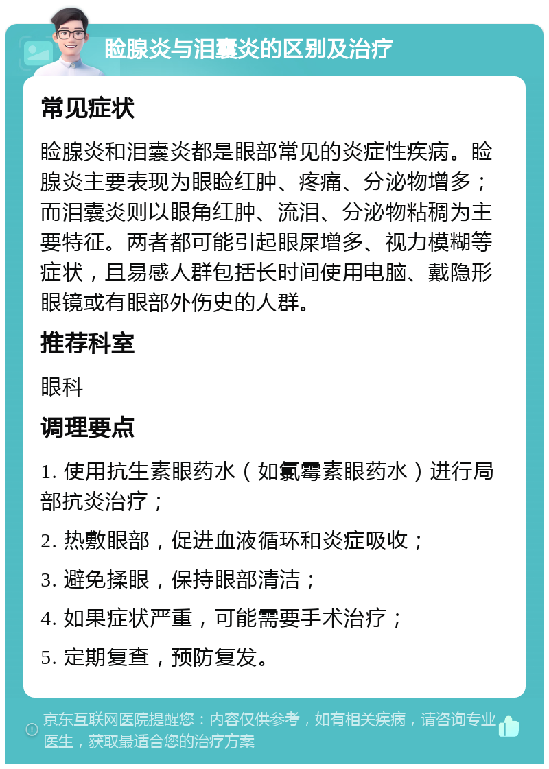 睑腺炎与泪囊炎的区别及治疗 常见症状 睑腺炎和泪囊炎都是眼部常见的炎症性疾病。睑腺炎主要表现为眼睑红肿、疼痛、分泌物增多；而泪囊炎则以眼角红肿、流泪、分泌物粘稠为主要特征。两者都可能引起眼屎增多、视力模糊等症状，且易感人群包括长时间使用电脑、戴隐形眼镜或有眼部外伤史的人群。 推荐科室 眼科 调理要点 1. 使用抗生素眼药水（如氯霉素眼药水）进行局部抗炎治疗； 2. 热敷眼部，促进血液循环和炎症吸收； 3. 避免揉眼，保持眼部清洁； 4. 如果症状严重，可能需要手术治疗； 5. 定期复查，预防复发。