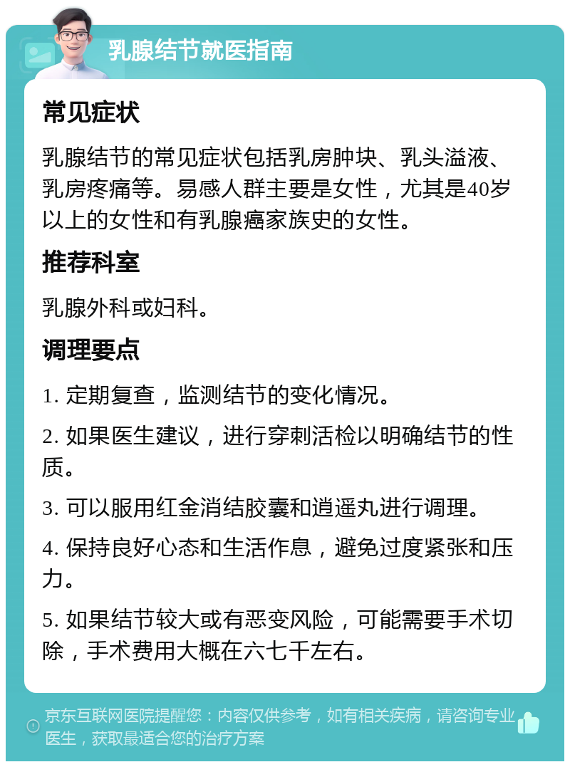 乳腺结节就医指南 常见症状 乳腺结节的常见症状包括乳房肿块、乳头溢液、乳房疼痛等。易感人群主要是女性，尤其是40岁以上的女性和有乳腺癌家族史的女性。 推荐科室 乳腺外科或妇科。 调理要点 1. 定期复查，监测结节的变化情况。 2. 如果医生建议，进行穿刺活检以明确结节的性质。 3. 可以服用红金消结胶囊和逍遥丸进行调理。 4. 保持良好心态和生活作息，避免过度紧张和压力。 5. 如果结节较大或有恶变风险，可能需要手术切除，手术费用大概在六七千左右。