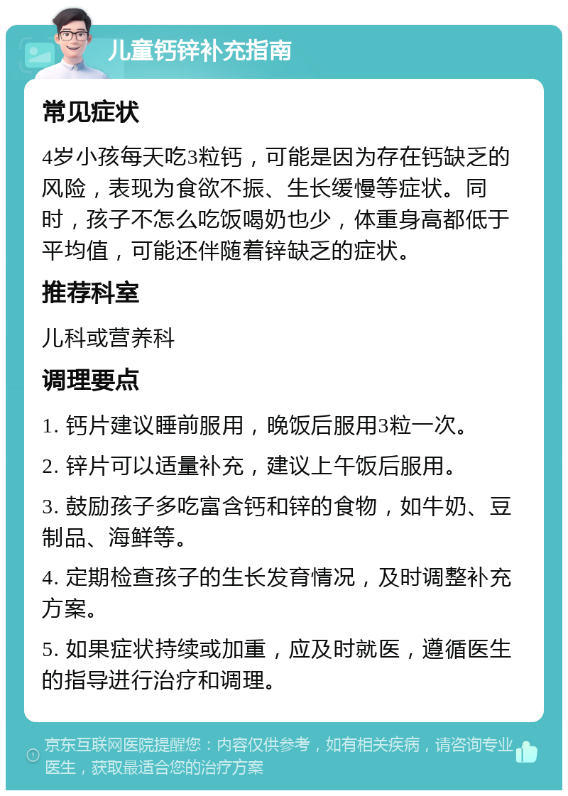 儿童钙锌补充指南 常见症状 4岁小孩每天吃3粒钙，可能是因为存在钙缺乏的风险，表现为食欲不振、生长缓慢等症状。同时，孩子不怎么吃饭喝奶也少，体重身高都低于平均值，可能还伴随着锌缺乏的症状。 推荐科室 儿科或营养科 调理要点 1. 钙片建议睡前服用，晚饭后服用3粒一次。 2. 锌片可以适量补充，建议上午饭后服用。 3. 鼓励孩子多吃富含钙和锌的食物，如牛奶、豆制品、海鲜等。 4. 定期检查孩子的生长发育情况，及时调整补充方案。 5. 如果症状持续或加重，应及时就医，遵循医生的指导进行治疗和调理。