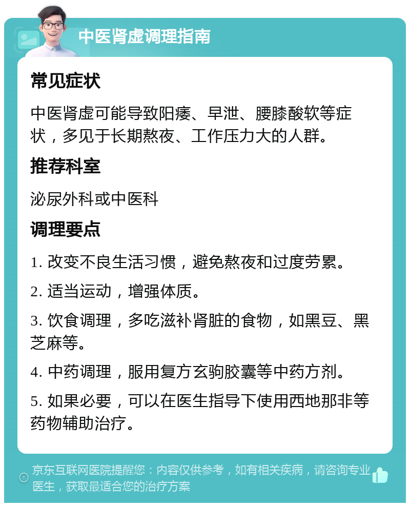 中医肾虚调理指南 常见症状 中医肾虚可能导致阳痿、早泄、腰膝酸软等症状，多见于长期熬夜、工作压力大的人群。 推荐科室 泌尿外科或中医科 调理要点 1. 改变不良生活习惯，避免熬夜和过度劳累。 2. 适当运动，增强体质。 3. 饮食调理，多吃滋补肾脏的食物，如黑豆、黑芝麻等。 4. 中药调理，服用复方玄驹胶囊等中药方剂。 5. 如果必要，可以在医生指导下使用西地那非等药物辅助治疗。