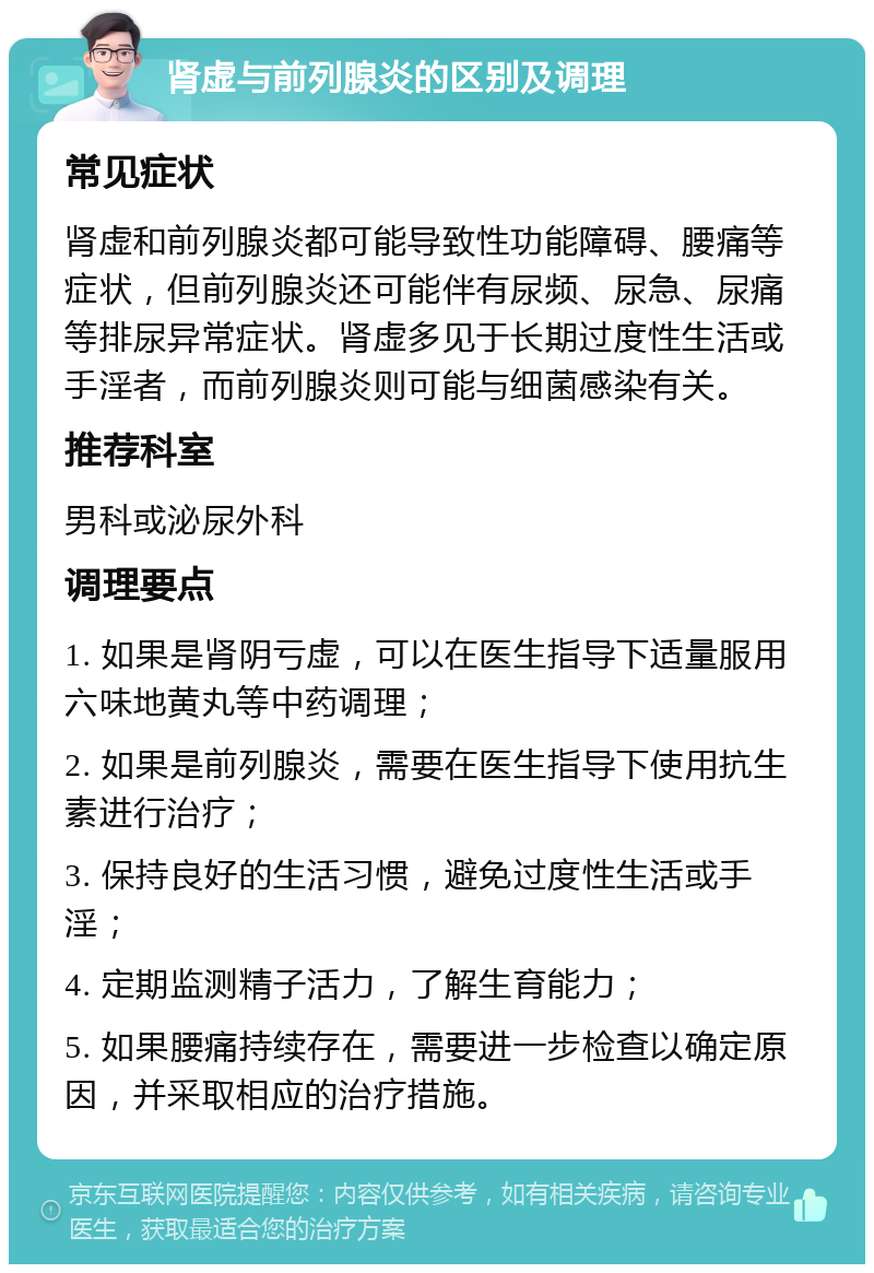 肾虚与前列腺炎的区别及调理 常见症状 肾虚和前列腺炎都可能导致性功能障碍、腰痛等症状，但前列腺炎还可能伴有尿频、尿急、尿痛等排尿异常症状。肾虚多见于长期过度性生活或手淫者，而前列腺炎则可能与细菌感染有关。 推荐科室 男科或泌尿外科 调理要点 1. 如果是肾阴亏虚，可以在医生指导下适量服用六味地黄丸等中药调理； 2. 如果是前列腺炎，需要在医生指导下使用抗生素进行治疗； 3. 保持良好的生活习惯，避免过度性生活或手淫； 4. 定期监测精子活力，了解生育能力； 5. 如果腰痛持续存在，需要进一步检查以确定原因，并采取相应的治疗措施。