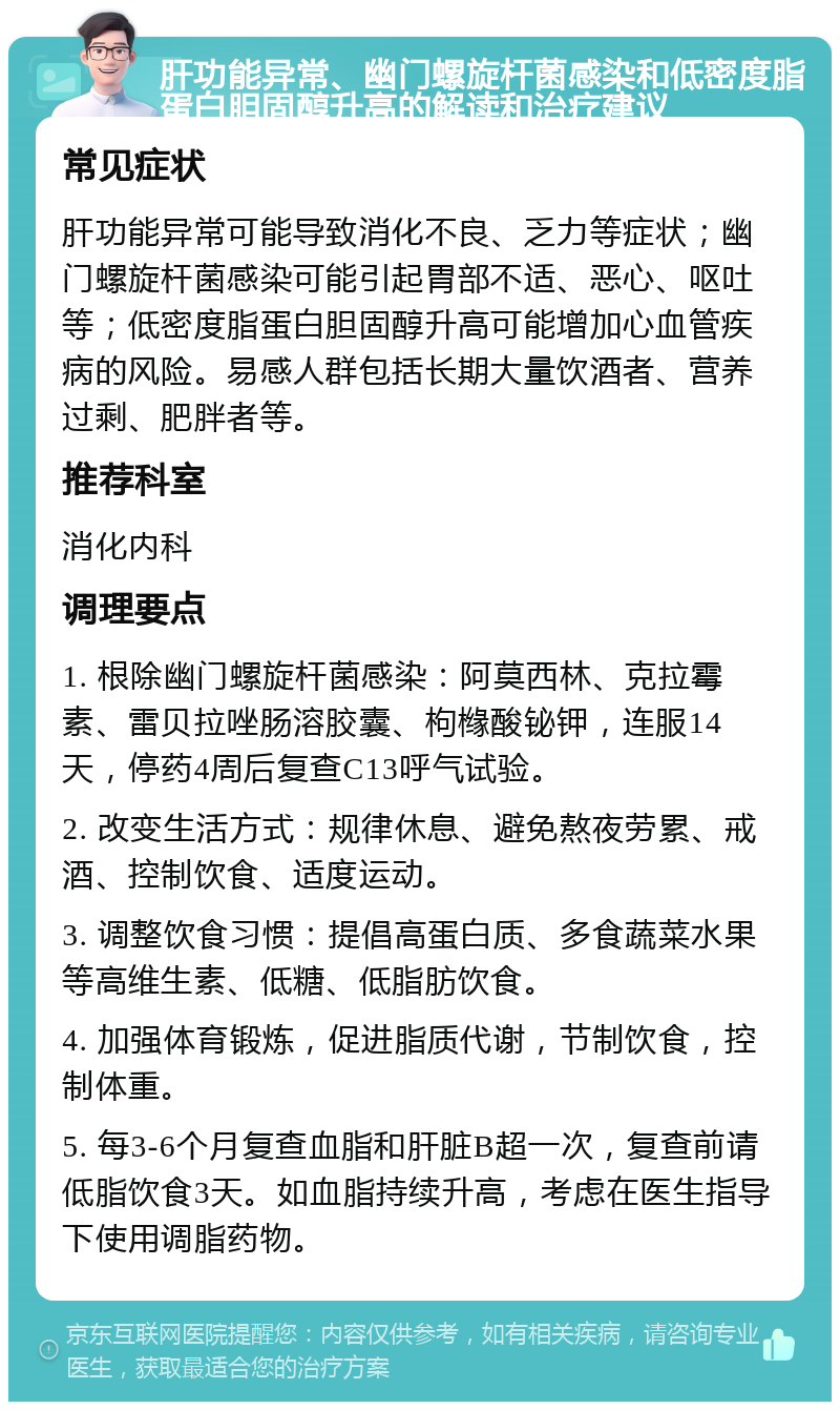 肝功能异常、幽门螺旋杆菌感染和低密度脂蛋白胆固醇升高的解读和治疗建议 常见症状 肝功能异常可能导致消化不良、乏力等症状；幽门螺旋杆菌感染可能引起胃部不适、恶心、呕吐等；低密度脂蛋白胆固醇升高可能增加心血管疾病的风险。易感人群包括长期大量饮酒者、营养过剩、肥胖者等。 推荐科室 消化内科 调理要点 1. 根除幽门螺旋杆菌感染：阿莫西林、克拉霉素、雷贝拉唑肠溶胶囊、枸橼酸铋钾，连服14天，停药4周后复查C13呼气试验。 2. 改变生活方式：规律休息、避免熬夜劳累、戒酒、控制饮食、适度运动。 3. 调整饮食习惯：提倡高蛋白质、多食蔬菜水果等高维生素、低糖、低脂肪饮食。 4. 加强体育锻炼，促进脂质代谢，节制饮食，控制体重。 5. 每3-6个月复查血脂和肝脏B超一次，复查前请低脂饮食3天。如血脂持续升高，考虑在医生指导下使用调脂药物。