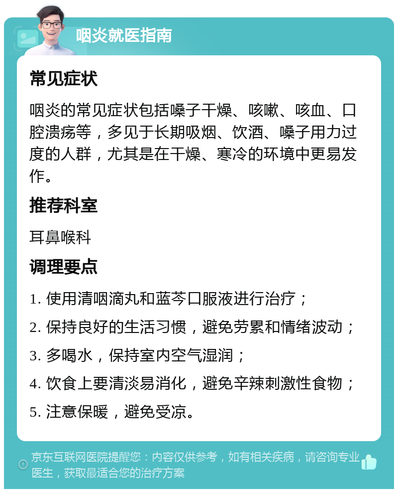 咽炎就医指南 常见症状 咽炎的常见症状包括嗓子干燥、咳嗽、咳血、口腔溃疡等，多见于长期吸烟、饮酒、嗓子用力过度的人群，尤其是在干燥、寒冷的环境中更易发作。 推荐科室 耳鼻喉科 调理要点 1. 使用清咽滴丸和蓝芩口服液进行治疗； 2. 保持良好的生活习惯，避免劳累和情绪波动； 3. 多喝水，保持室内空气湿润； 4. 饮食上要清淡易消化，避免辛辣刺激性食物； 5. 注意保暖，避免受凉。