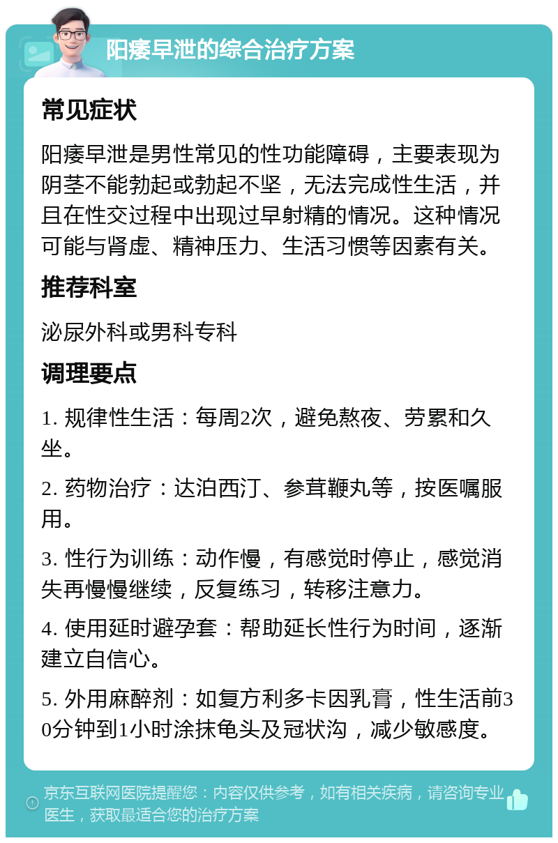 阳痿早泄的综合治疗方案 常见症状 阳痿早泄是男性常见的性功能障碍，主要表现为阴茎不能勃起或勃起不坚，无法完成性生活，并且在性交过程中出现过早射精的情况。这种情况可能与肾虚、精神压力、生活习惯等因素有关。 推荐科室 泌尿外科或男科专科 调理要点 1. 规律性生活：每周2次，避免熬夜、劳累和久坐。 2. 药物治疗：达泊西汀、参茸鞭丸等，按医嘱服用。 3. 性行为训练：动作慢，有感觉时停止，感觉消失再慢慢继续，反复练习，转移注意力。 4. 使用延时避孕套：帮助延长性行为时间，逐渐建立自信心。 5. 外用麻醉剂：如复方利多卡因乳膏，性生活前30分钟到1小时涂抹龟头及冠状沟，减少敏感度。