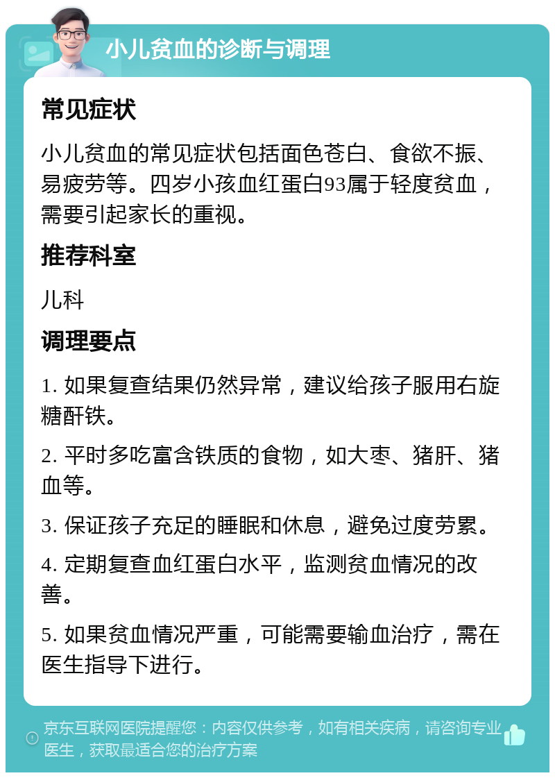 小儿贫血的诊断与调理 常见症状 小儿贫血的常见症状包括面色苍白、食欲不振、易疲劳等。四岁小孩血红蛋白93属于轻度贫血，需要引起家长的重视。 推荐科室 儿科 调理要点 1. 如果复查结果仍然异常，建议给孩子服用右旋糖酐铁。 2. 平时多吃富含铁质的食物，如大枣、猪肝、猪血等。 3. 保证孩子充足的睡眠和休息，避免过度劳累。 4. 定期复查血红蛋白水平，监测贫血情况的改善。 5. 如果贫血情况严重，可能需要输血治疗，需在医生指导下进行。