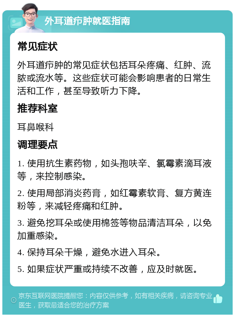 外耳道疖肿就医指南 常见症状 外耳道疖肿的常见症状包括耳朵疼痛、红肿、流脓或流水等。这些症状可能会影响患者的日常生活和工作，甚至导致听力下降。 推荐科室 耳鼻喉科 调理要点 1. 使用抗生素药物，如头孢呋辛、氯霉素滴耳液等，来控制感染。 2. 使用局部消炎药膏，如红霉素软膏、复方黄连粉等，来减轻疼痛和红肿。 3. 避免挖耳朵或使用棉签等物品清洁耳朵，以免加重感染。 4. 保持耳朵干燥，避免水进入耳朵。 5. 如果症状严重或持续不改善，应及时就医。