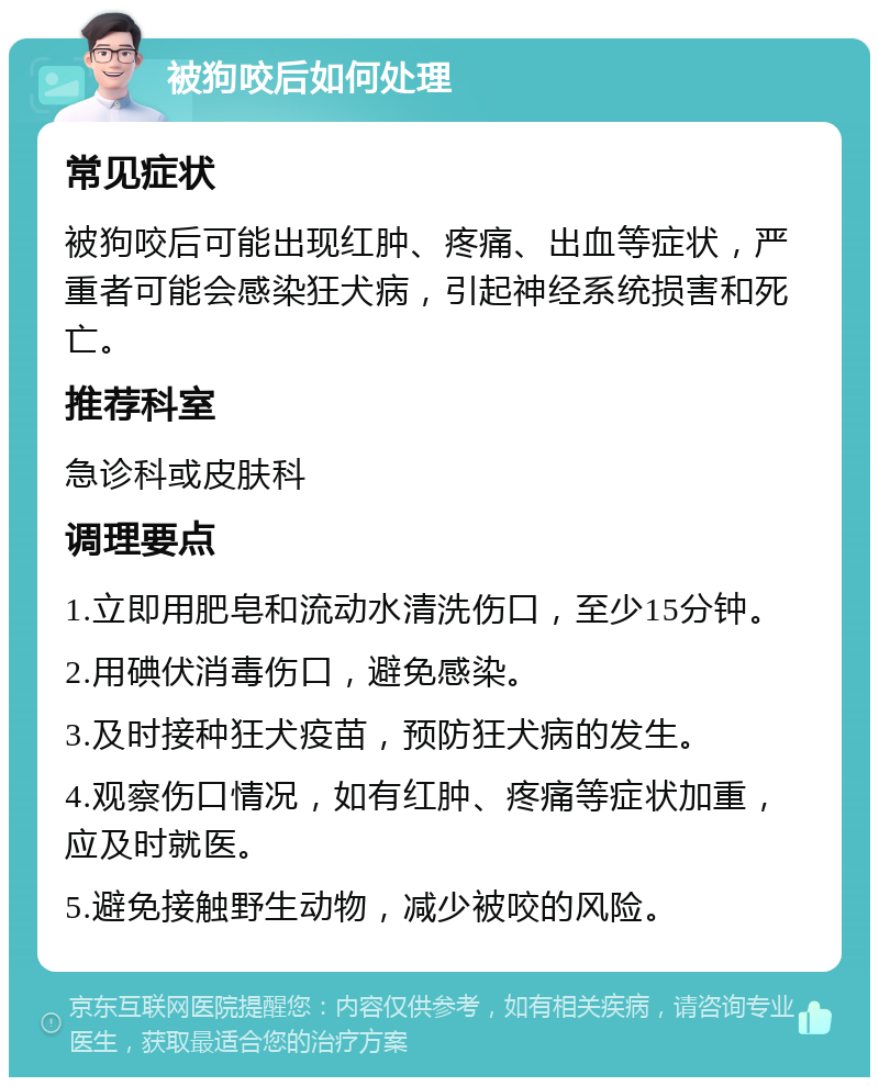 被狗咬后如何处理 常见症状 被狗咬后可能出现红肿、疼痛、出血等症状，严重者可能会感染狂犬病，引起神经系统损害和死亡。 推荐科室 急诊科或皮肤科 调理要点 1.立即用肥皂和流动水清洗伤口，至少15分钟。 2.用碘伏消毒伤口，避免感染。 3.及时接种狂犬疫苗，预防狂犬病的发生。 4.观察伤口情况，如有红肿、疼痛等症状加重，应及时就医。 5.避免接触野生动物，减少被咬的风险。