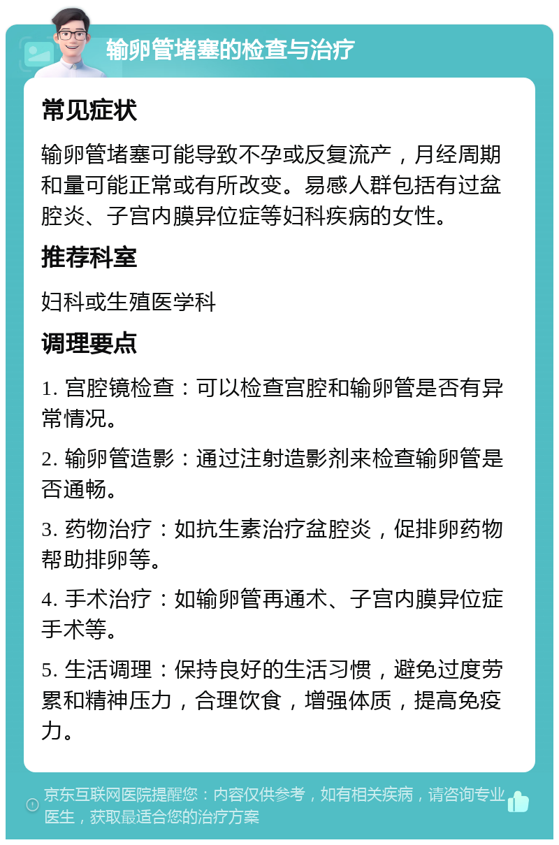 输卵管堵塞的检查与治疗 常见症状 输卵管堵塞可能导致不孕或反复流产，月经周期和量可能正常或有所改变。易感人群包括有过盆腔炎、子宫内膜异位症等妇科疾病的女性。 推荐科室 妇科或生殖医学科 调理要点 1. 宫腔镜检查：可以检查宫腔和输卵管是否有异常情况。 2. 输卵管造影：通过注射造影剂来检查输卵管是否通畅。 3. 药物治疗：如抗生素治疗盆腔炎，促排卵药物帮助排卵等。 4. 手术治疗：如输卵管再通术、子宫内膜异位症手术等。 5. 生活调理：保持良好的生活习惯，避免过度劳累和精神压力，合理饮食，增强体质，提高免疫力。