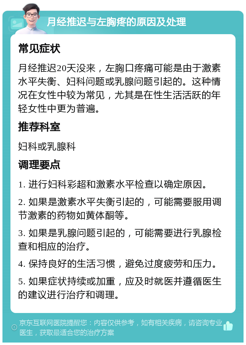 月经推迟与左胸疼的原因及处理 常见症状 月经推迟20天没来，左胸口疼痛可能是由于激素水平失衡、妇科问题或乳腺问题引起的。这种情况在女性中较为常见，尤其是在性生活活跃的年轻女性中更为普遍。 推荐科室 妇科或乳腺科 调理要点 1. 进行妇科彩超和激素水平检查以确定原因。 2. 如果是激素水平失衡引起的，可能需要服用调节激素的药物如黄体酮等。 3. 如果是乳腺问题引起的，可能需要进行乳腺检查和相应的治疗。 4. 保持良好的生活习惯，避免过度疲劳和压力。 5. 如果症状持续或加重，应及时就医并遵循医生的建议进行治疗和调理。