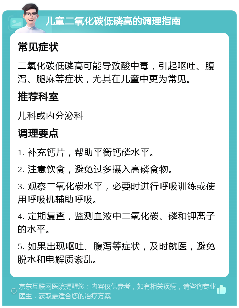 儿童二氧化碳低磷高的调理指南 常见症状 二氧化碳低磷高可能导致酸中毒，引起呕吐、腹泻、腿麻等症状，尤其在儿童中更为常见。 推荐科室 儿科或内分泌科 调理要点 1. 补充钙片，帮助平衡钙磷水平。 2. 注意饮食，避免过多摄入高磷食物。 3. 观察二氧化碳水平，必要时进行呼吸训练或使用呼吸机辅助呼吸。 4. 定期复查，监测血液中二氧化碳、磷和钾离子的水平。 5. 如果出现呕吐、腹泻等症状，及时就医，避免脱水和电解质紊乱。