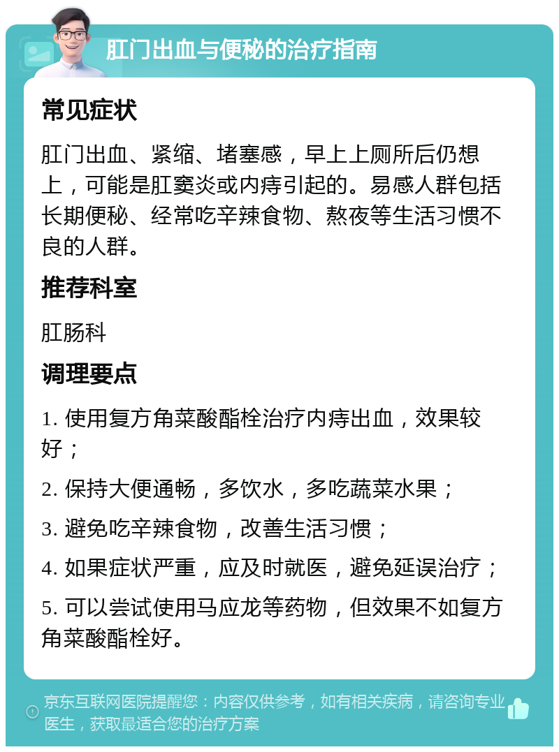 肛门出血与便秘的治疗指南 常见症状 肛门出血、紧缩、堵塞感，早上上厕所后仍想上，可能是肛窦炎或内痔引起的。易感人群包括长期便秘、经常吃辛辣食物、熬夜等生活习惯不良的人群。 推荐科室 肛肠科 调理要点 1. 使用复方角菜酸酯栓治疗内痔出血，效果较好； 2. 保持大便通畅，多饮水，多吃蔬菜水果； 3. 避免吃辛辣食物，改善生活习惯； 4. 如果症状严重，应及时就医，避免延误治疗； 5. 可以尝试使用马应龙等药物，但效果不如复方角菜酸酯栓好。