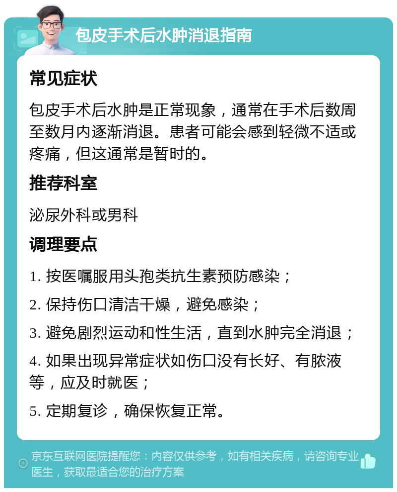 包皮手术后水肿消退指南 常见症状 包皮手术后水肿是正常现象，通常在手术后数周至数月内逐渐消退。患者可能会感到轻微不适或疼痛，但这通常是暂时的。 推荐科室 泌尿外科或男科 调理要点 1. 按医嘱服用头孢类抗生素预防感染； 2. 保持伤口清洁干燥，避免感染； 3. 避免剧烈运动和性生活，直到水肿完全消退； 4. 如果出现异常症状如伤口没有长好、有脓液等，应及时就医； 5. 定期复诊，确保恢复正常。