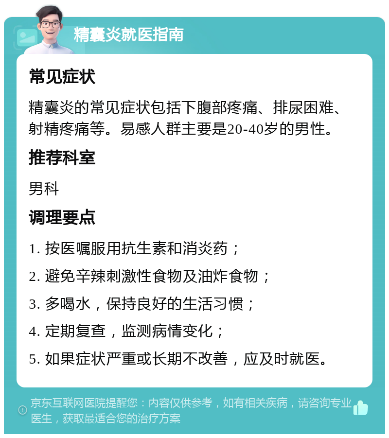 精囊炎就医指南 常见症状 精囊炎的常见症状包括下腹部疼痛、排尿困难、射精疼痛等。易感人群主要是20-40岁的男性。 推荐科室 男科 调理要点 1. 按医嘱服用抗生素和消炎药； 2. 避免辛辣刺激性食物及油炸食物； 3. 多喝水，保持良好的生活习惯； 4. 定期复查，监测病情变化； 5. 如果症状严重或长期不改善，应及时就医。