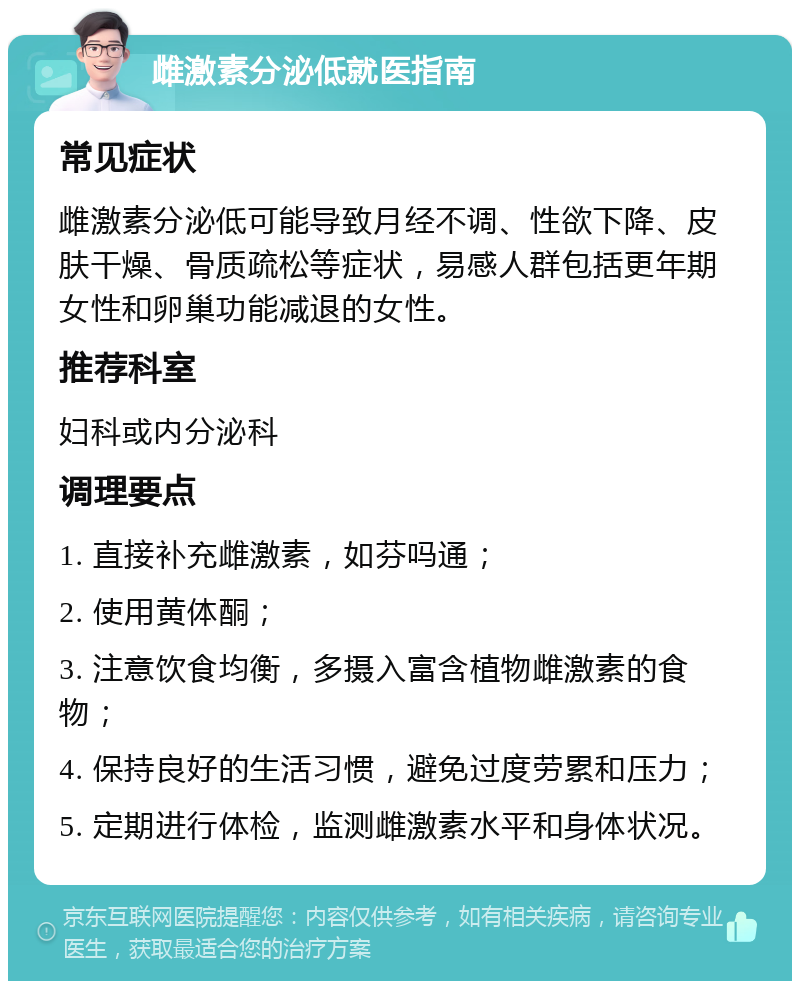 雌激素分泌低就医指南 常见症状 雌激素分泌低可能导致月经不调、性欲下降、皮肤干燥、骨质疏松等症状，易感人群包括更年期女性和卵巢功能减退的女性。 推荐科室 妇科或内分泌科 调理要点 1. 直接补充雌激素，如芬吗通； 2. 使用黄体酮； 3. 注意饮食均衡，多摄入富含植物雌激素的食物； 4. 保持良好的生活习惯，避免过度劳累和压力； 5. 定期进行体检，监测雌激素水平和身体状况。