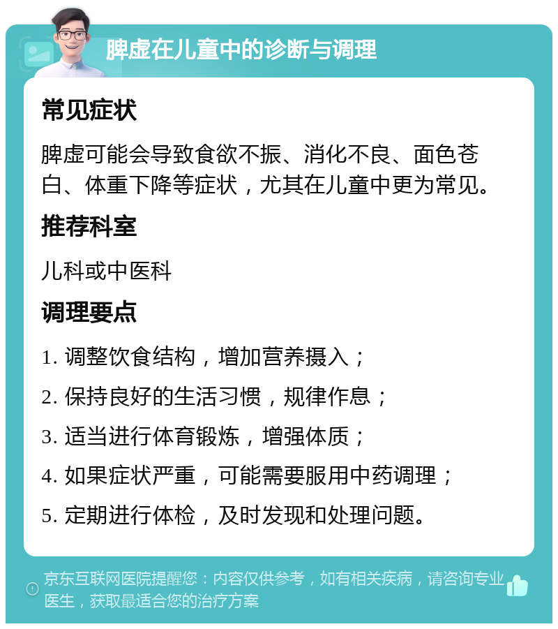 脾虚在儿童中的诊断与调理 常见症状 脾虚可能会导致食欲不振、消化不良、面色苍白、体重下降等症状，尤其在儿童中更为常见。 推荐科室 儿科或中医科 调理要点 1. 调整饮食结构，增加营养摄入； 2. 保持良好的生活习惯，规律作息； 3. 适当进行体育锻炼，增强体质； 4. 如果症状严重，可能需要服用中药调理； 5. 定期进行体检，及时发现和处理问题。