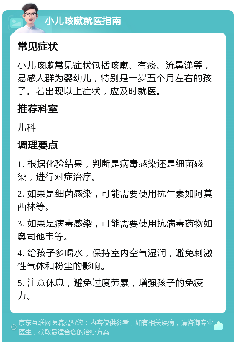 小儿咳嗽就医指南 常见症状 小儿咳嗽常见症状包括咳嗽、有痰、流鼻涕等，易感人群为婴幼儿，特别是一岁五个月左右的孩子。若出现以上症状，应及时就医。 推荐科室 儿科 调理要点 1. 根据化验结果，判断是病毒感染还是细菌感染，进行对症治疗。 2. 如果是细菌感染，可能需要使用抗生素如阿莫西林等。 3. 如果是病毒感染，可能需要使用抗病毒药物如奥司他韦等。 4. 给孩子多喝水，保持室内空气湿润，避免刺激性气体和粉尘的影响。 5. 注意休息，避免过度劳累，增强孩子的免疫力。