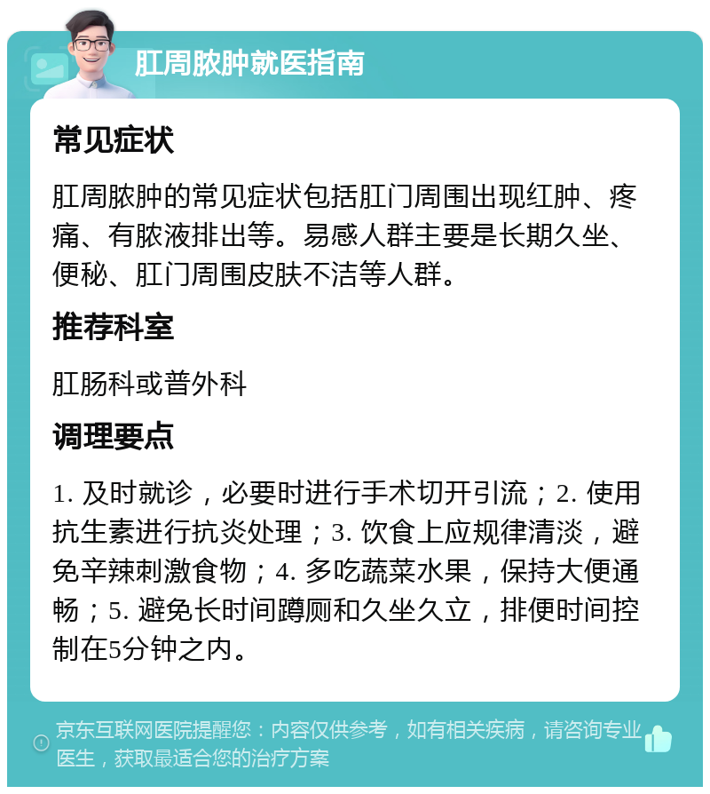 肛周脓肿就医指南 常见症状 肛周脓肿的常见症状包括肛门周围出现红肿、疼痛、有脓液排出等。易感人群主要是长期久坐、便秘、肛门周围皮肤不洁等人群。 推荐科室 肛肠科或普外科 调理要点 1. 及时就诊，必要时进行手术切开引流；2. 使用抗生素进行抗炎处理；3. 饮食上应规律清淡，避免辛辣刺激食物；4. 多吃蔬菜水果，保持大便通畅；5. 避免长时间蹲厕和久坐久立，排便时间控制在5分钟之内。