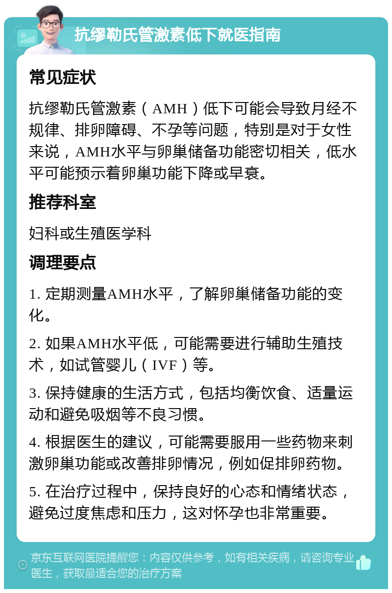 抗缪勒氏管激素低下就医指南 常见症状 抗缪勒氏管激素（AMH）低下可能会导致月经不规律、排卵障碍、不孕等问题，特别是对于女性来说，AMH水平与卵巢储备功能密切相关，低水平可能预示着卵巢功能下降或早衰。 推荐科室 妇科或生殖医学科 调理要点 1. 定期测量AMH水平，了解卵巢储备功能的变化。 2. 如果AMH水平低，可能需要进行辅助生殖技术，如试管婴儿（IVF）等。 3. 保持健康的生活方式，包括均衡饮食、适量运动和避免吸烟等不良习惯。 4. 根据医生的建议，可能需要服用一些药物来刺激卵巢功能或改善排卵情况，例如促排卵药物。 5. 在治疗过程中，保持良好的心态和情绪状态，避免过度焦虑和压力，这对怀孕也非常重要。