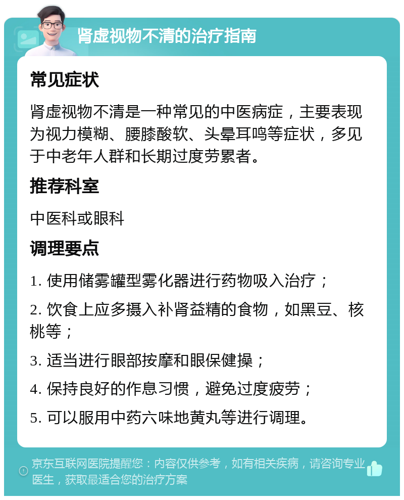 肾虚视物不清的治疗指南 常见症状 肾虚视物不清是一种常见的中医病症，主要表现为视力模糊、腰膝酸软、头晕耳鸣等症状，多见于中老年人群和长期过度劳累者。 推荐科室 中医科或眼科 调理要点 1. 使用储雾罐型雾化器进行药物吸入治疗； 2. 饮食上应多摄入补肾益精的食物，如黑豆、核桃等； 3. 适当进行眼部按摩和眼保健操； 4. 保持良好的作息习惯，避免过度疲劳； 5. 可以服用中药六味地黄丸等进行调理。