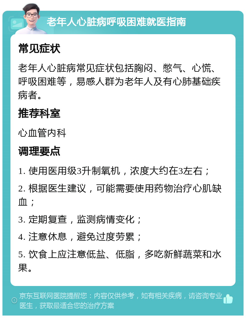 老年人心脏病呼吸困难就医指南 常见症状 老年人心脏病常见症状包括胸闷、憋气、心慌、呼吸困难等，易感人群为老年人及有心肺基础疾病者。 推荐科室 心血管内科 调理要点 1. 使用医用级3升制氧机，浓度大约在3左右； 2. 根据医生建议，可能需要使用药物治疗心肌缺血； 3. 定期复查，监测病情变化； 4. 注意休息，避免过度劳累； 5. 饮食上应注意低盐、低脂，多吃新鲜蔬菜和水果。