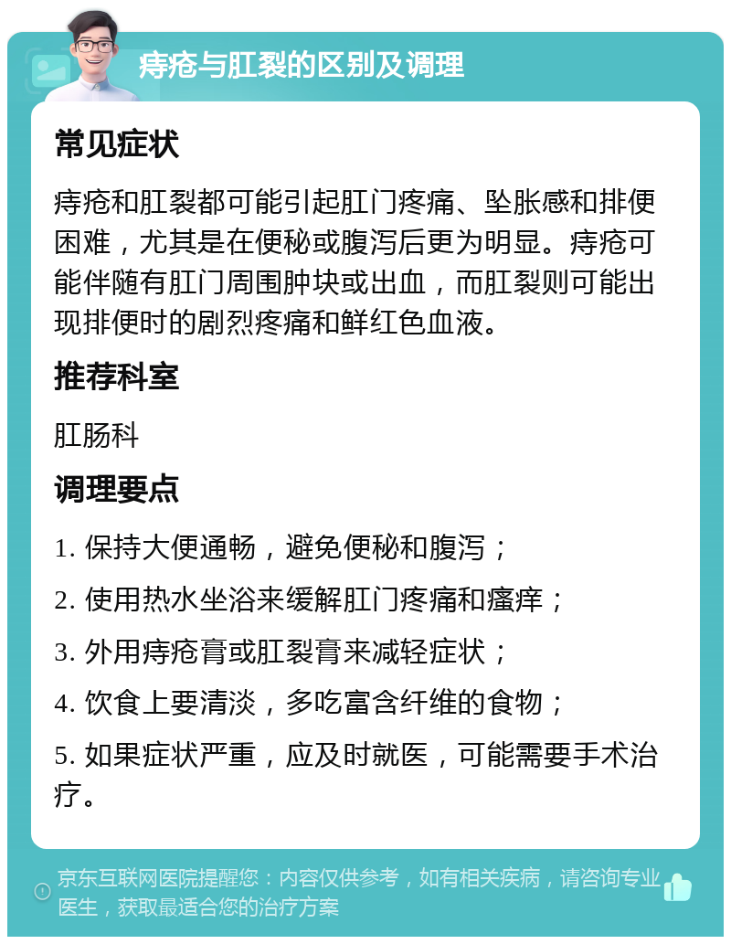 痔疮与肛裂的区别及调理 常见症状 痔疮和肛裂都可能引起肛门疼痛、坠胀感和排便困难，尤其是在便秘或腹泻后更为明显。痔疮可能伴随有肛门周围肿块或出血，而肛裂则可能出现排便时的剧烈疼痛和鲜红色血液。 推荐科室 肛肠科 调理要点 1. 保持大便通畅，避免便秘和腹泻； 2. 使用热水坐浴来缓解肛门疼痛和瘙痒； 3. 外用痔疮膏或肛裂膏来减轻症状； 4. 饮食上要清淡，多吃富含纤维的食物； 5. 如果症状严重，应及时就医，可能需要手术治疗。