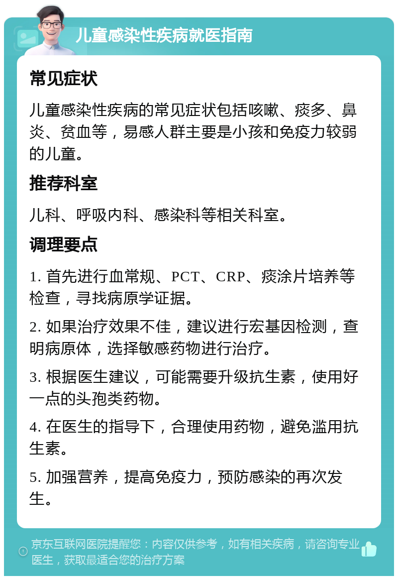 儿童感染性疾病就医指南 常见症状 儿童感染性疾病的常见症状包括咳嗽、痰多、鼻炎、贫血等，易感人群主要是小孩和免疫力较弱的儿童。 推荐科室 儿科、呼吸内科、感染科等相关科室。 调理要点 1. 首先进行血常规、PCT、CRP、痰涂片培养等检查，寻找病原学证据。 2. 如果治疗效果不佳，建议进行宏基因检测，查明病原体，选择敏感药物进行治疗。 3. 根据医生建议，可能需要升级抗生素，使用好一点的头孢类药物。 4. 在医生的指导下，合理使用药物，避免滥用抗生素。 5. 加强营养，提高免疫力，预防感染的再次发生。