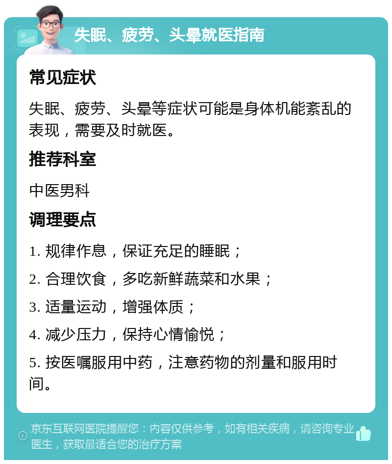 失眠、疲劳、头晕就医指南 常见症状 失眠、疲劳、头晕等症状可能是身体机能紊乱的表现，需要及时就医。 推荐科室 中医男科 调理要点 1. 规律作息，保证充足的睡眠； 2. 合理饮食，多吃新鲜蔬菜和水果； 3. 适量运动，增强体质； 4. 减少压力，保持心情愉悦； 5. 按医嘱服用中药，注意药物的剂量和服用时间。