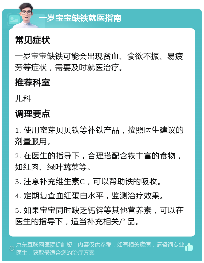 一岁宝宝缺铁就医指南 常见症状 一岁宝宝缺铁可能会出现贫血、食欲不振、易疲劳等症状，需要及时就医治疗。 推荐科室 儿科 调理要点 1. 使用蜜芽贝贝铁等补铁产品，按照医生建议的剂量服用。 2. 在医生的指导下，合理搭配含铁丰富的食物，如红肉、绿叶蔬菜等。 3. 注意补充维生素C，可以帮助铁的吸收。 4. 定期复查血红蛋白水平，监测治疗效果。 5. 如果宝宝同时缺乏钙锌等其他营养素，可以在医生的指导下，适当补充相关产品。