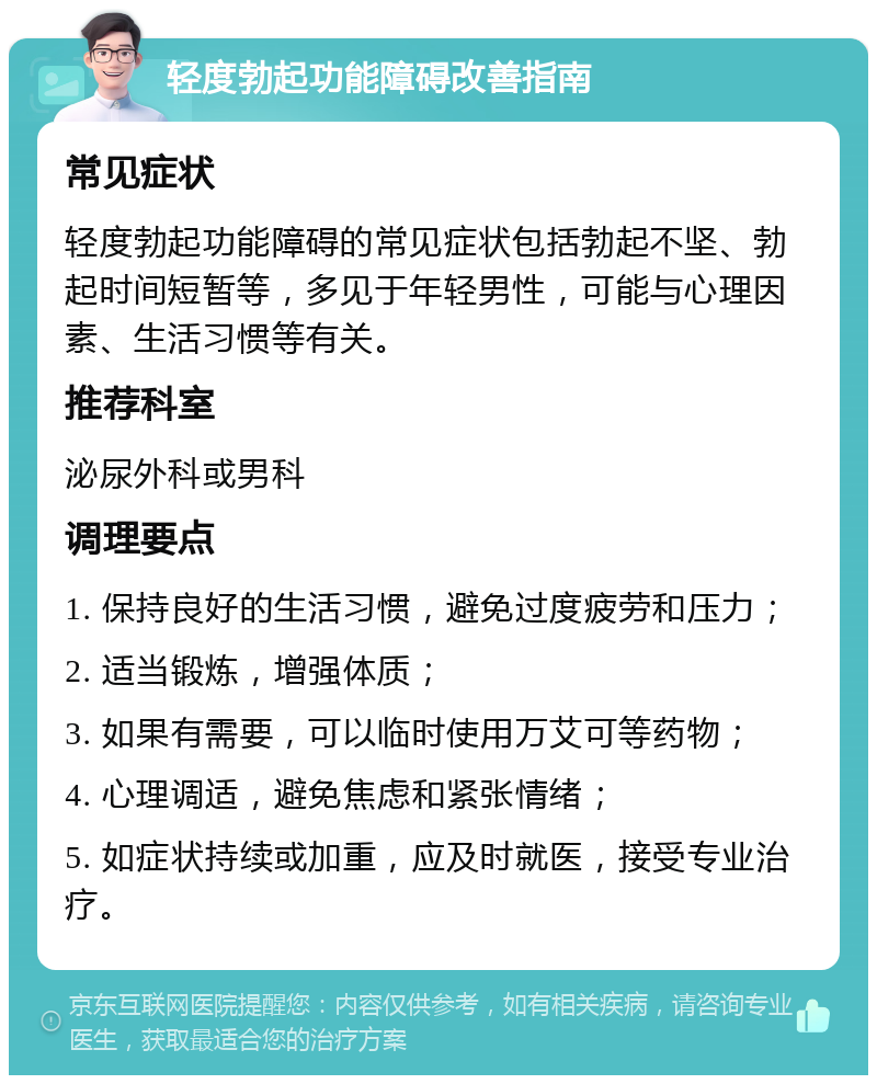 轻度勃起功能障碍改善指南 常见症状 轻度勃起功能障碍的常见症状包括勃起不坚、勃起时间短暂等，多见于年轻男性，可能与心理因素、生活习惯等有关。 推荐科室 泌尿外科或男科 调理要点 1. 保持良好的生活习惯，避免过度疲劳和压力； 2. 适当锻炼，增强体质； 3. 如果有需要，可以临时使用万艾可等药物； 4. 心理调适，避免焦虑和紧张情绪； 5. 如症状持续或加重，应及时就医，接受专业治疗。