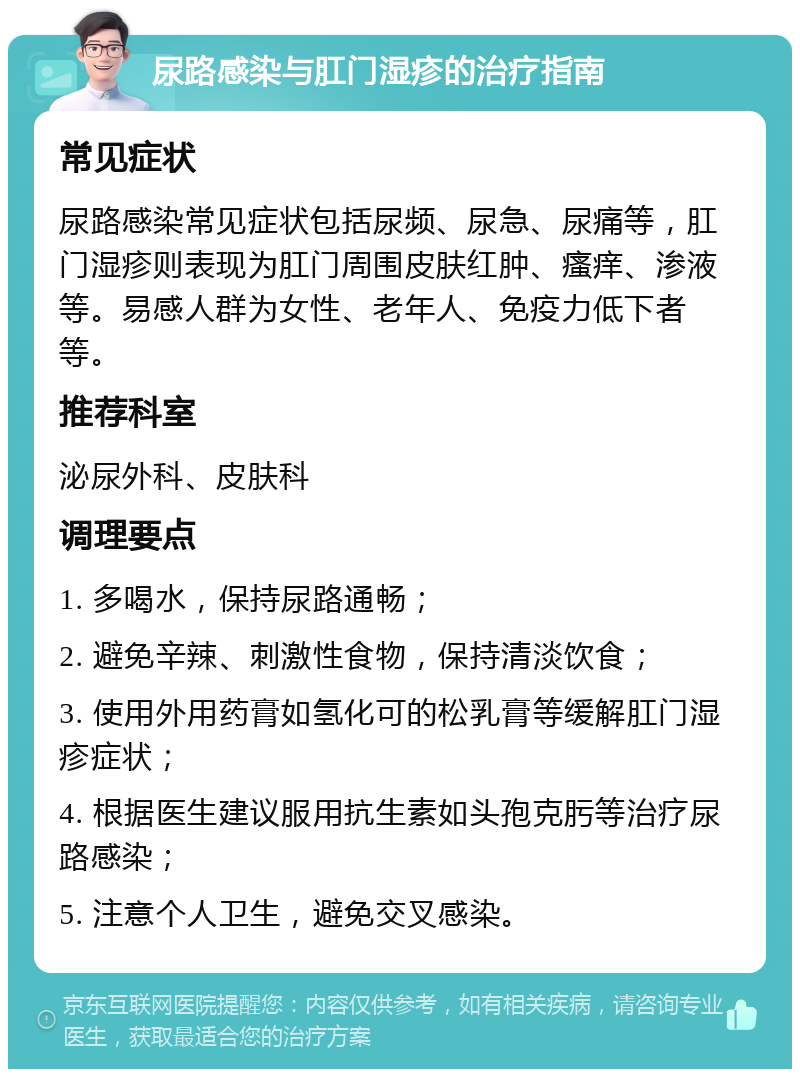 尿路感染与肛门湿疹的治疗指南 常见症状 尿路感染常见症状包括尿频、尿急、尿痛等，肛门湿疹则表现为肛门周围皮肤红肿、瘙痒、渗液等。易感人群为女性、老年人、免疫力低下者等。 推荐科室 泌尿外科、皮肤科 调理要点 1. 多喝水，保持尿路通畅； 2. 避免辛辣、刺激性食物，保持清淡饮食； 3. 使用外用药膏如氢化可的松乳膏等缓解肛门湿疹症状； 4. 根据医生建议服用抗生素如头孢克肟等治疗尿路感染； 5. 注意个人卫生，避免交叉感染。