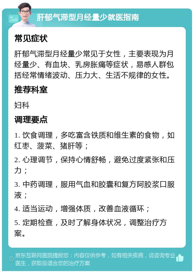 肝郁气滞型月经量少就医指南 常见症状 肝郁气滞型月经量少常见于女性，主要表现为月经量少、有血块、乳房胀痛等症状，易感人群包括经常情绪波动、压力大、生活不规律的女性。 推荐科室 妇科 调理要点 1. 饮食调理，多吃富含铁质和维生素的食物，如红枣、菠菜、猪肝等； 2. 心理调节，保持心情舒畅，避免过度紧张和压力； 3. 中药调理，服用气血和胶囊和复方阿胶浆口服液； 4. 适当运动，增强体质，改善血液循环； 5. 定期检查，及时了解身体状况，调整治疗方案。