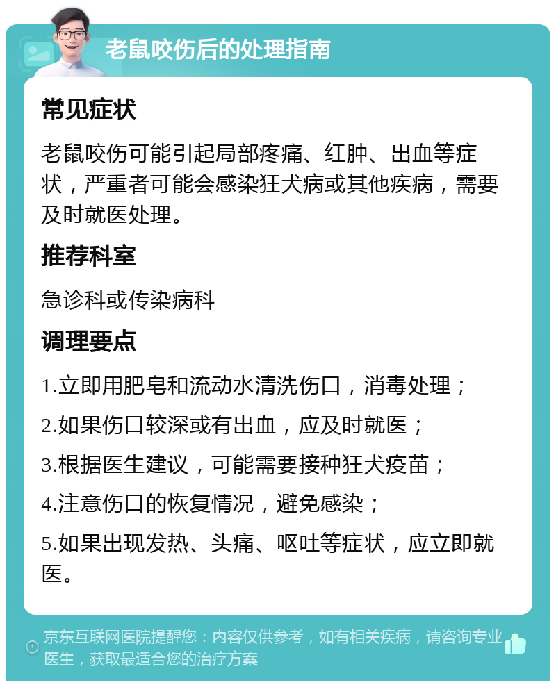 老鼠咬伤后的处理指南 常见症状 老鼠咬伤可能引起局部疼痛、红肿、出血等症状，严重者可能会感染狂犬病或其他疾病，需要及时就医处理。 推荐科室 急诊科或传染病科 调理要点 1.立即用肥皂和流动水清洗伤口，消毒处理； 2.如果伤口较深或有出血，应及时就医； 3.根据医生建议，可能需要接种狂犬疫苗； 4.注意伤口的恢复情况，避免感染； 5.如果出现发热、头痛、呕吐等症状，应立即就医。