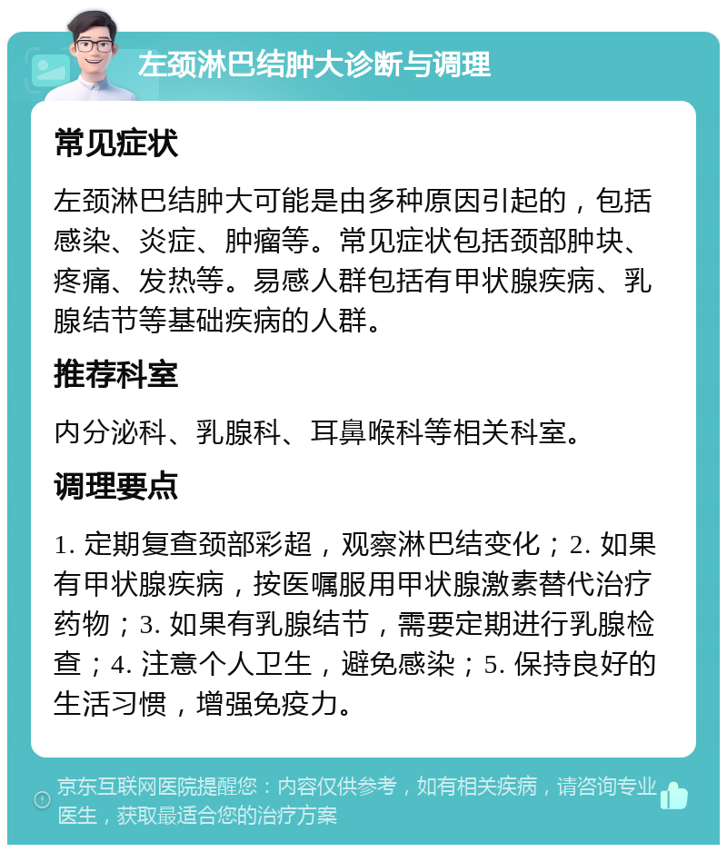 左颈淋巴结肿大诊断与调理 常见症状 左颈淋巴结肿大可能是由多种原因引起的，包括感染、炎症、肿瘤等。常见症状包括颈部肿块、疼痛、发热等。易感人群包括有甲状腺疾病、乳腺结节等基础疾病的人群。 推荐科室 内分泌科、乳腺科、耳鼻喉科等相关科室。 调理要点 1. 定期复查颈部彩超，观察淋巴结变化；2. 如果有甲状腺疾病，按医嘱服用甲状腺激素替代治疗药物；3. 如果有乳腺结节，需要定期进行乳腺检查；4. 注意个人卫生，避免感染；5. 保持良好的生活习惯，增强免疫力。